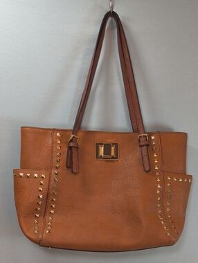 Steve Madden Blizzi Tote Brown Pebbled Faux Leather Gold Stud Shoulder Bag